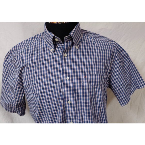 Tommy Hilfiger Mens Medium Blue Red Plaid Short Sleeve Button Down Logo Shirt - Picture 3 of 11